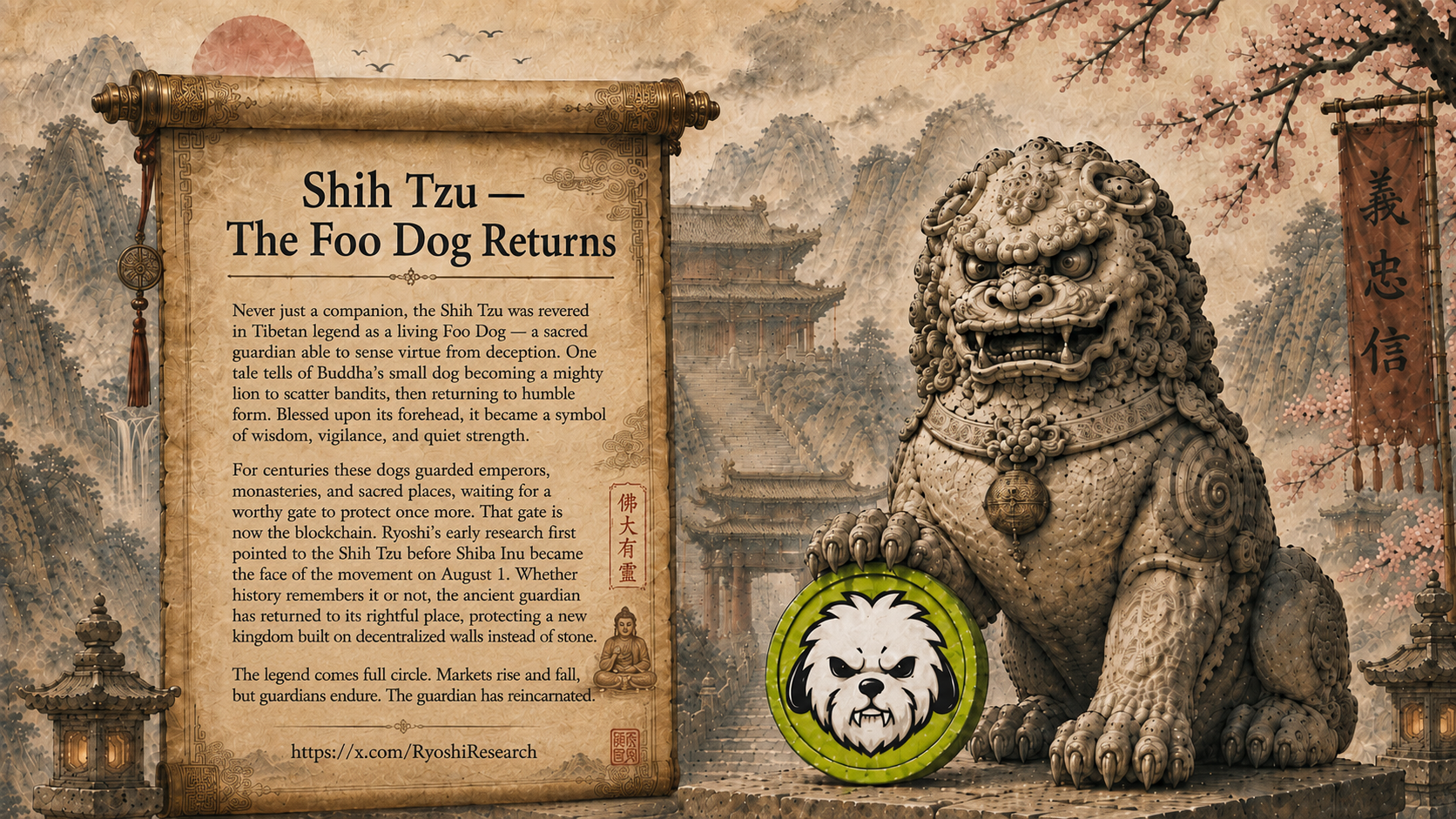 Ancient temple landscape with a Foo Dog guardian and a scroll telling the Shih Tzu legend